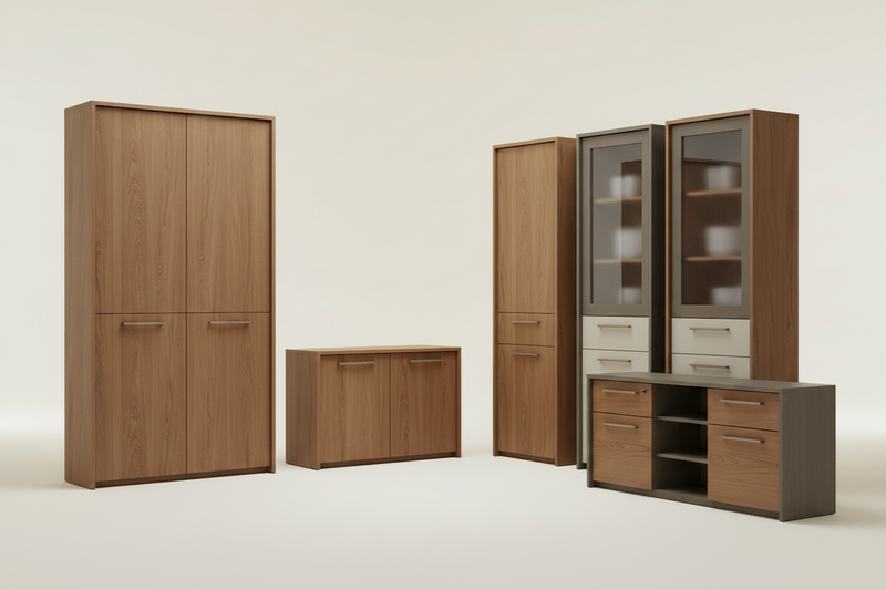 A collection of modern wooden storage furniture pieces, including two nightstands, a sideboard, two tall bookcases, and two cabinet-high storage units with glass doors, arranged on a light beige studio background.
