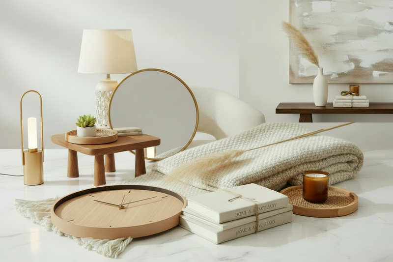 A styled interior scene with neutral home decor: cream and terracotta vases, a folded cream knit throw blanket with fringe, pampas grass, a small amber candle on a woven tray, stacked cream books tied with string, and a wooden shelf in the background with abstract wall art.